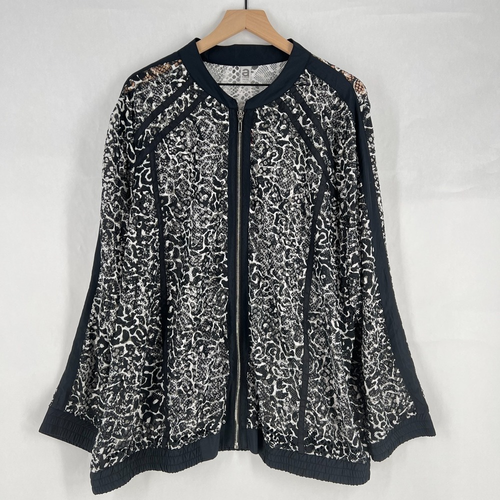 Avenue Sheer Bomber Jacket Womens 26/28 (3X) Black White Leopard Print Full Zip
